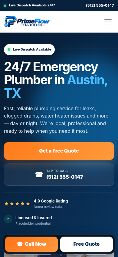PrimeFlow Plumbing mobile website experience