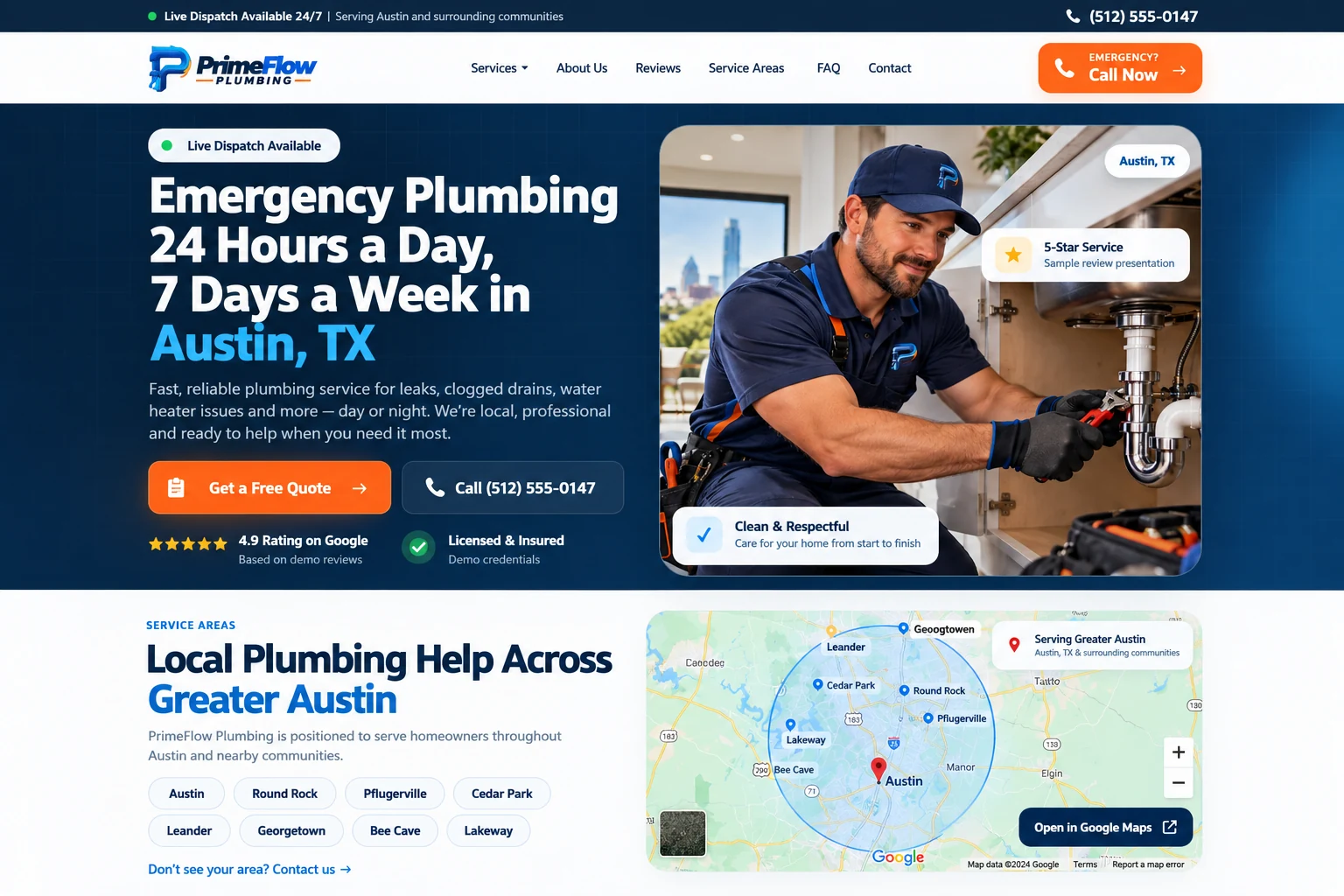 PrimeFlow Plumbing website portfolio demo